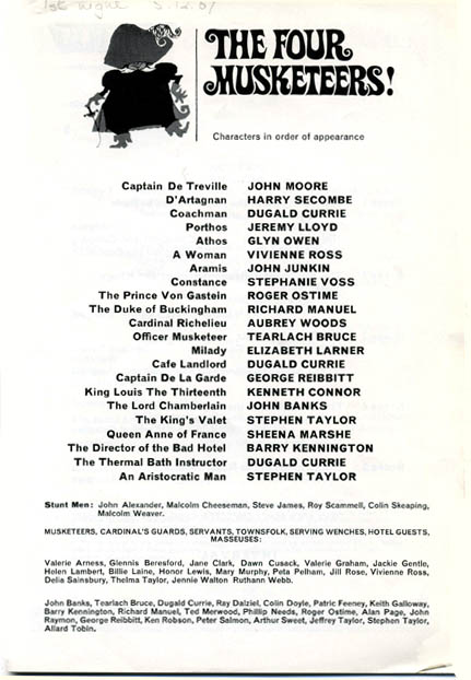 The Four Musketeers theatre programme and cast list starring Harry Secombe, Jeremy Lloyd, Vivienne Ross, John Junkin, Stephanie Voss, Elizabeth Larner,